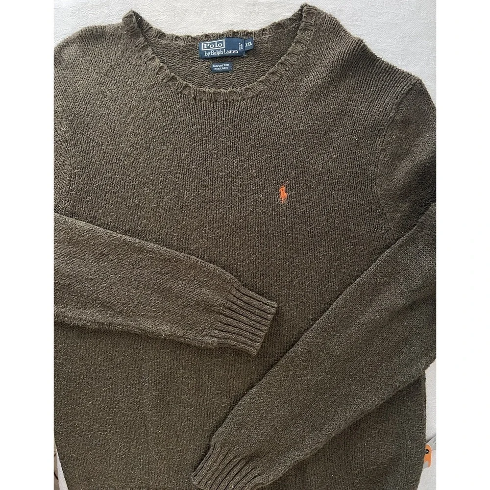 Polo Ralph Lauren Sweater Men's XXL Brown Knit Cotton Linen Blend Long Sleeve